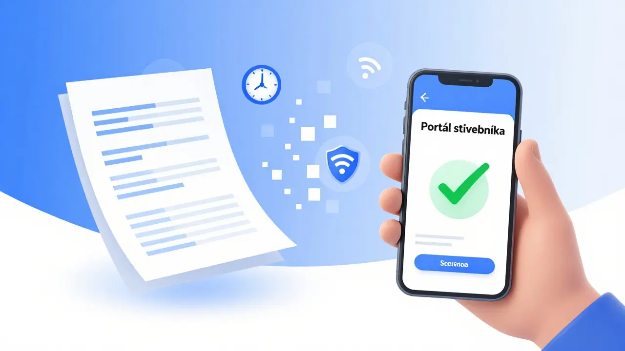 Chytrý telefon zobrazující digitální podání žádosti o stavební povolení přes Portál stavebníka.