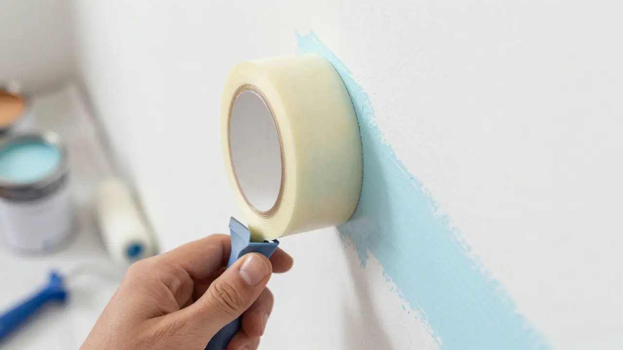 Detail aplikace malířské pásky pro přesné hranice pruhů