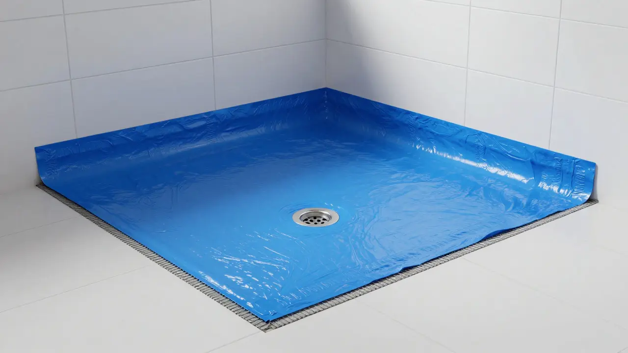 Detail hydroizolace podlahy s těsnicími pásky v rozích a kolem odpadu