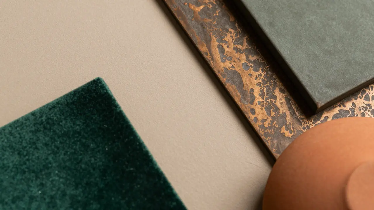 Detail textur: matná béžová zeď, bronz a smaragdová sametová látka