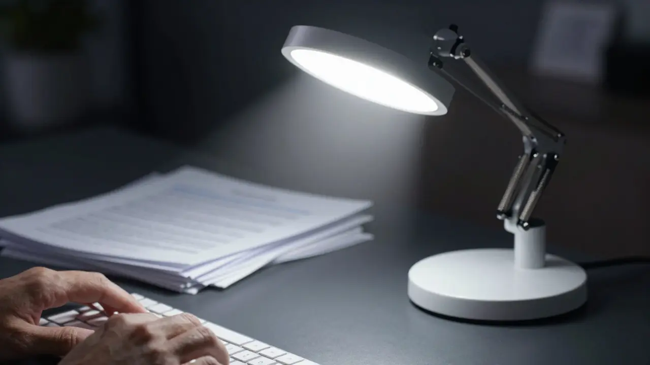 Kvalitní LED stolní lampa osvětluje pracovní plochu studeným bílým světlem