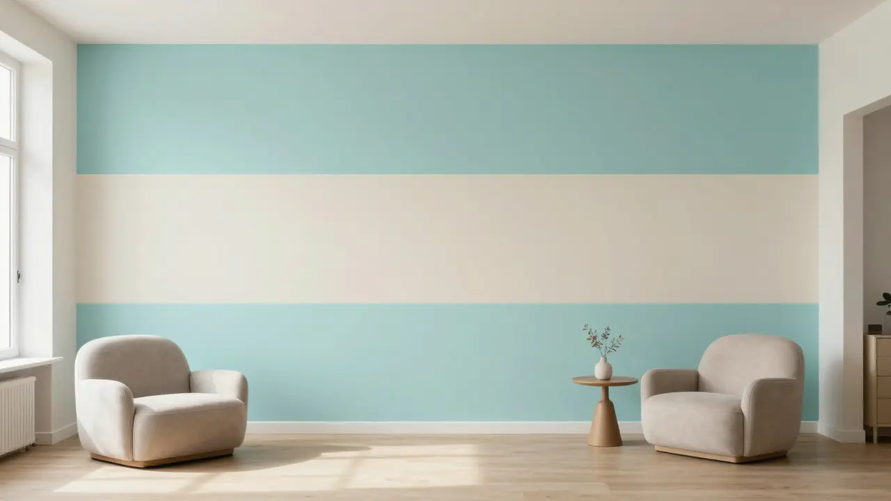 Obývací pokoj s horizontálními pruhy rozšiřujícími stěnu