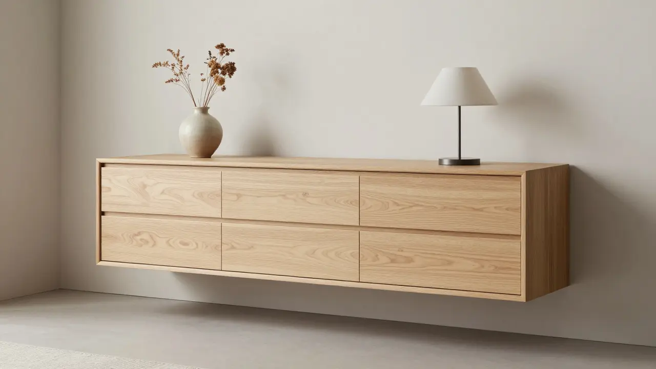 Závěsná komoda ve světlém interiéru pro skryté úložiště