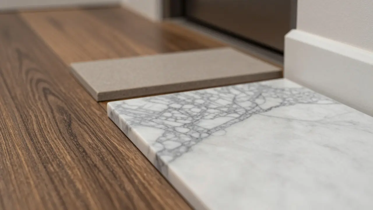 Detail luxusních materiálů: mramor, dub a keramika pro interiér