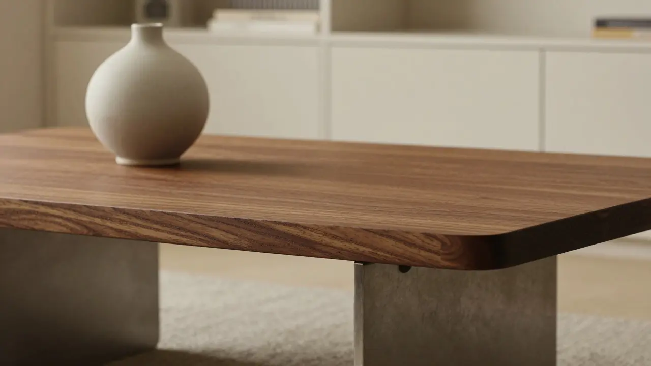 Detail materiálu: matná ocel a tmavý dub v minimalistickém interiéru