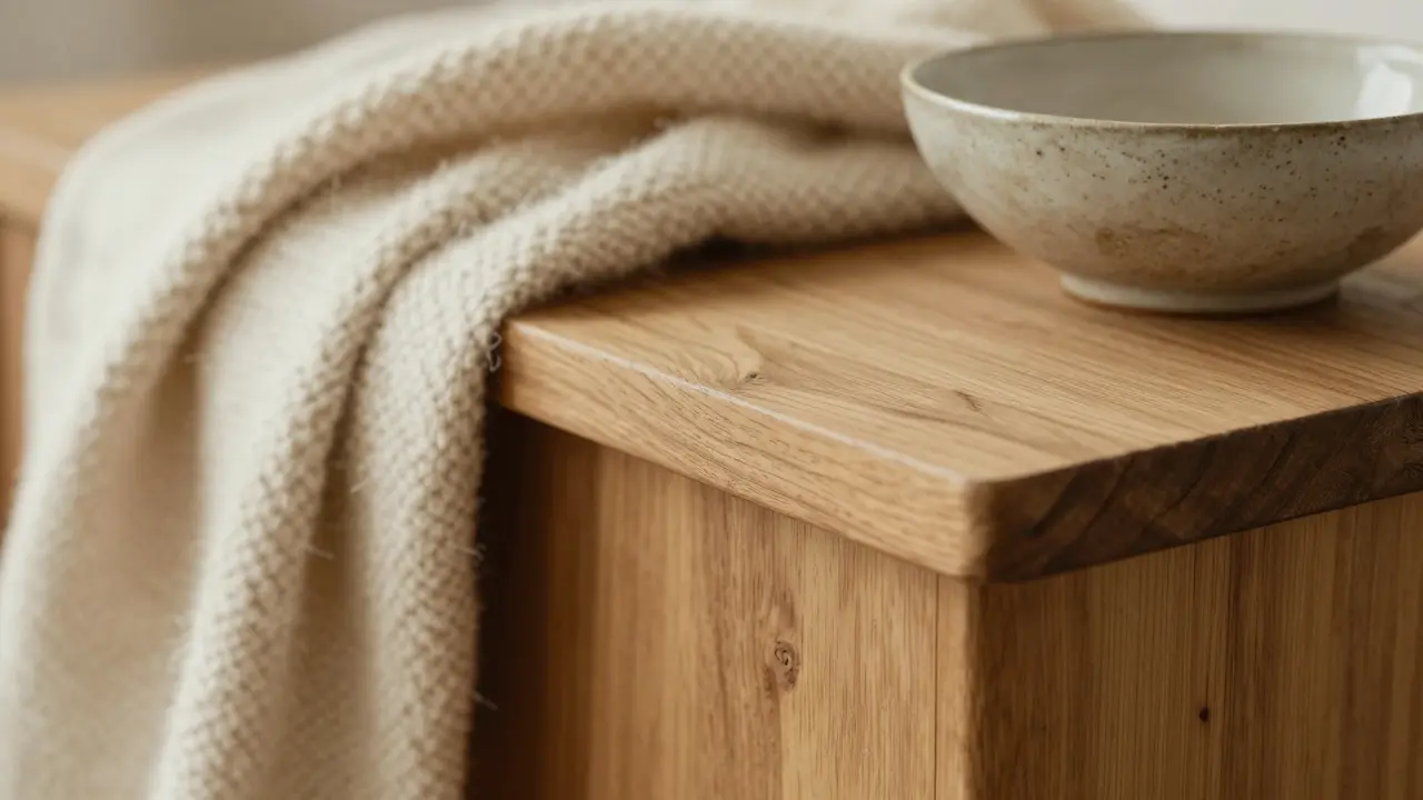 Detail přírodních textur: dřevo, vlna a keramika ve stylu wabi-sabi