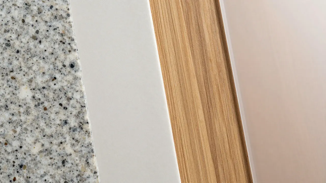 Detailní záběr na různé materiály pracovních desek