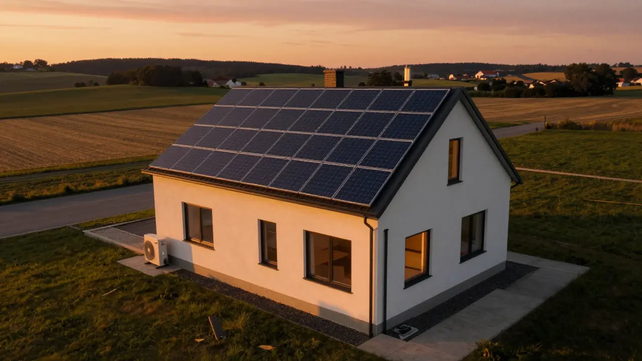 Dům s fotovoltaickými panely na střeše při západu slunce