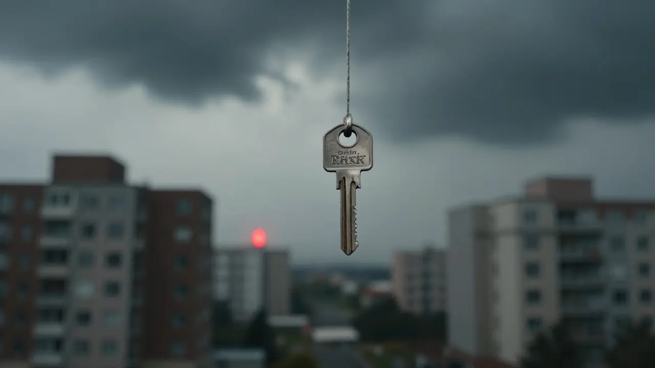 Klíč visící nad propastí jako symbol rizik investic do nemovitostí