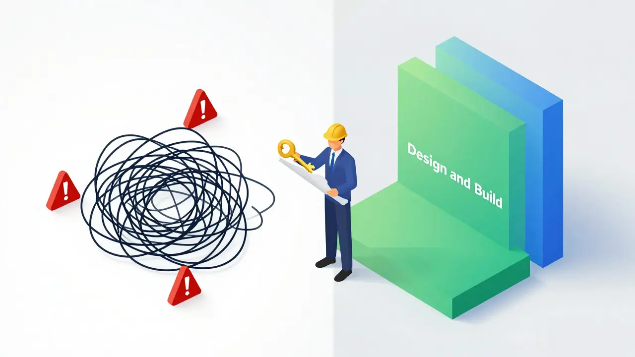 Konceptuální ilustrace modelu Design and Build a řízení rizik ve stavebnictví