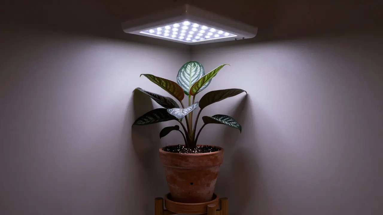 Kořenokvětka pod LED světlem pro rostliny v rohu bezokenné koupelny.