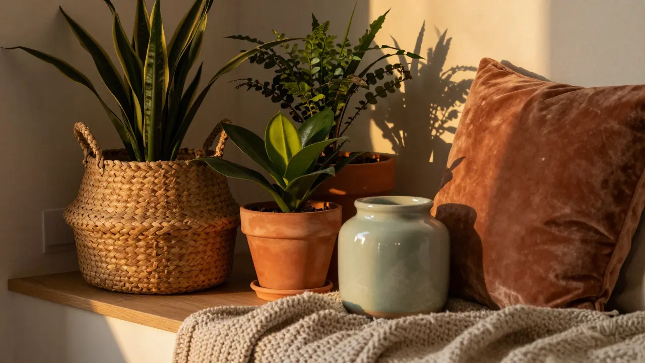 Květináče z proutí a terakoty v útulném boho koutku