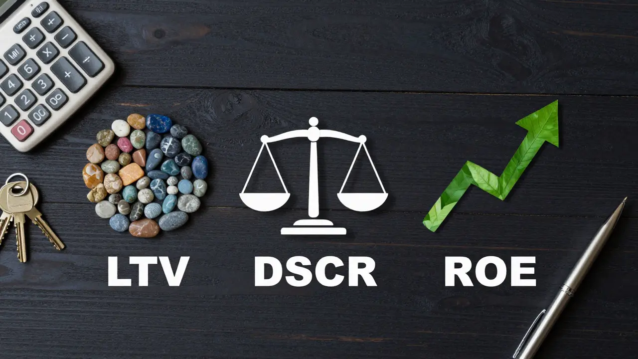 Symbolické znázornění ukazatelů LTV, DSCR a ROE na stole