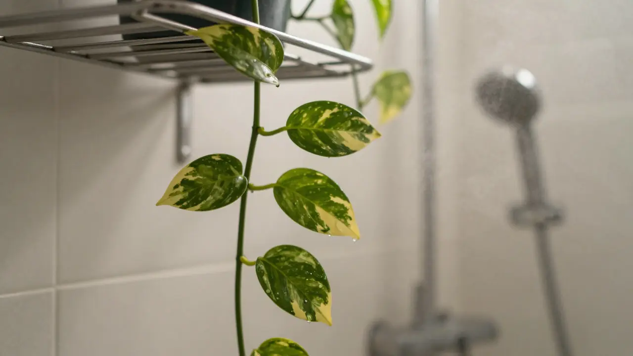 Visící zlatý pothos s kapkami vody nad vanou v parné koupelně.