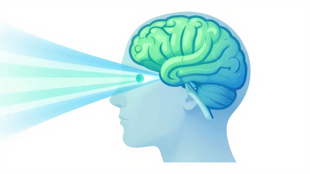 Abstract illustration of blue and green light entering a human head