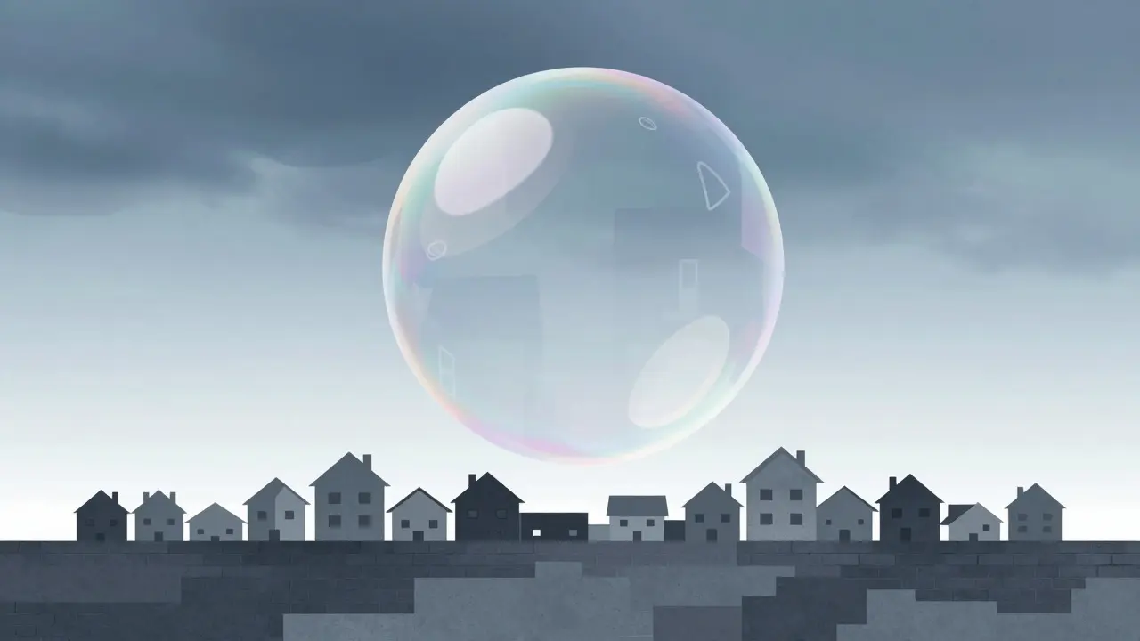Abstraktní ilustrace realitní bubliny nad stabilním základem domů