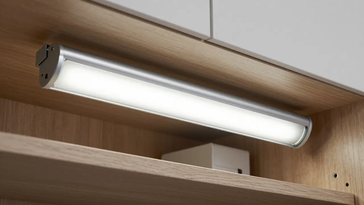 Detailní záběr hliníkového profilu s LED páskou a difuzérem pod kuchyňskou skřínkou