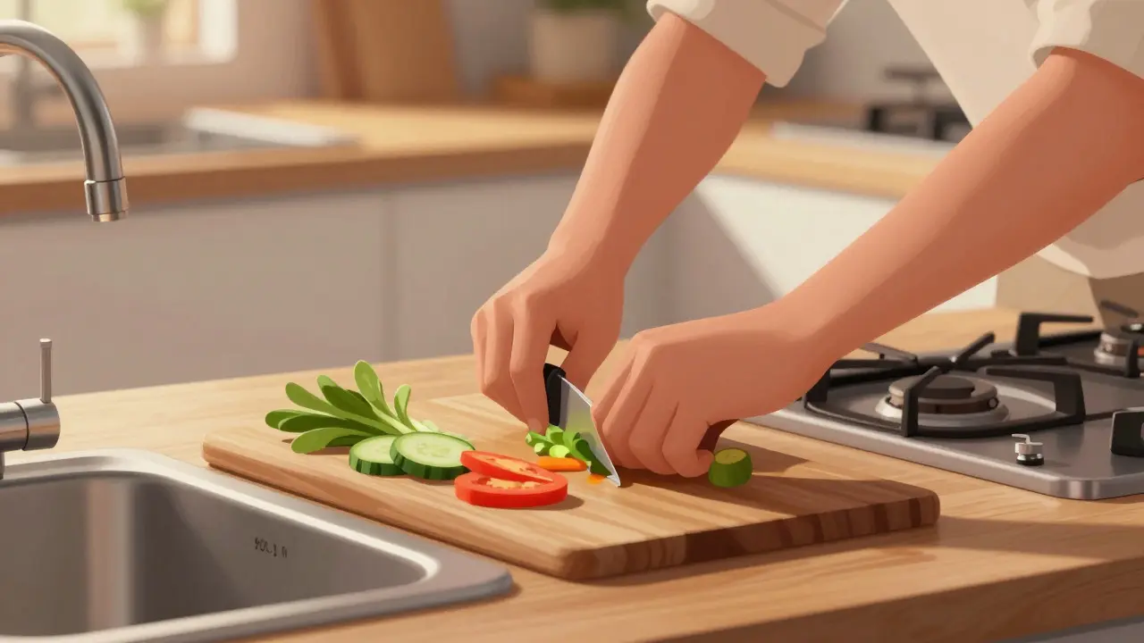 Ergonomic kitchen counter height demonstration with person chopping vegetables near sink