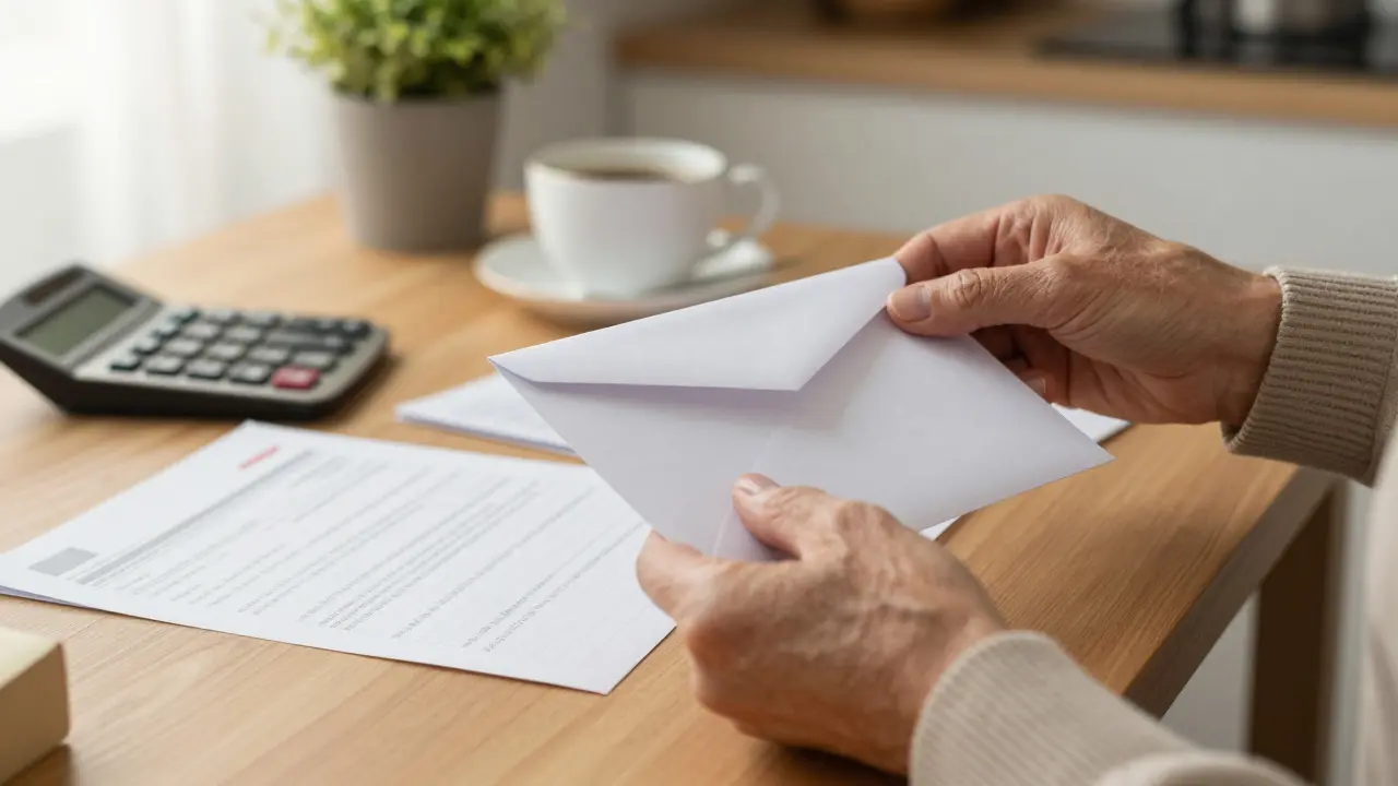 Hands organizing papers and an envelope on a kitchen table