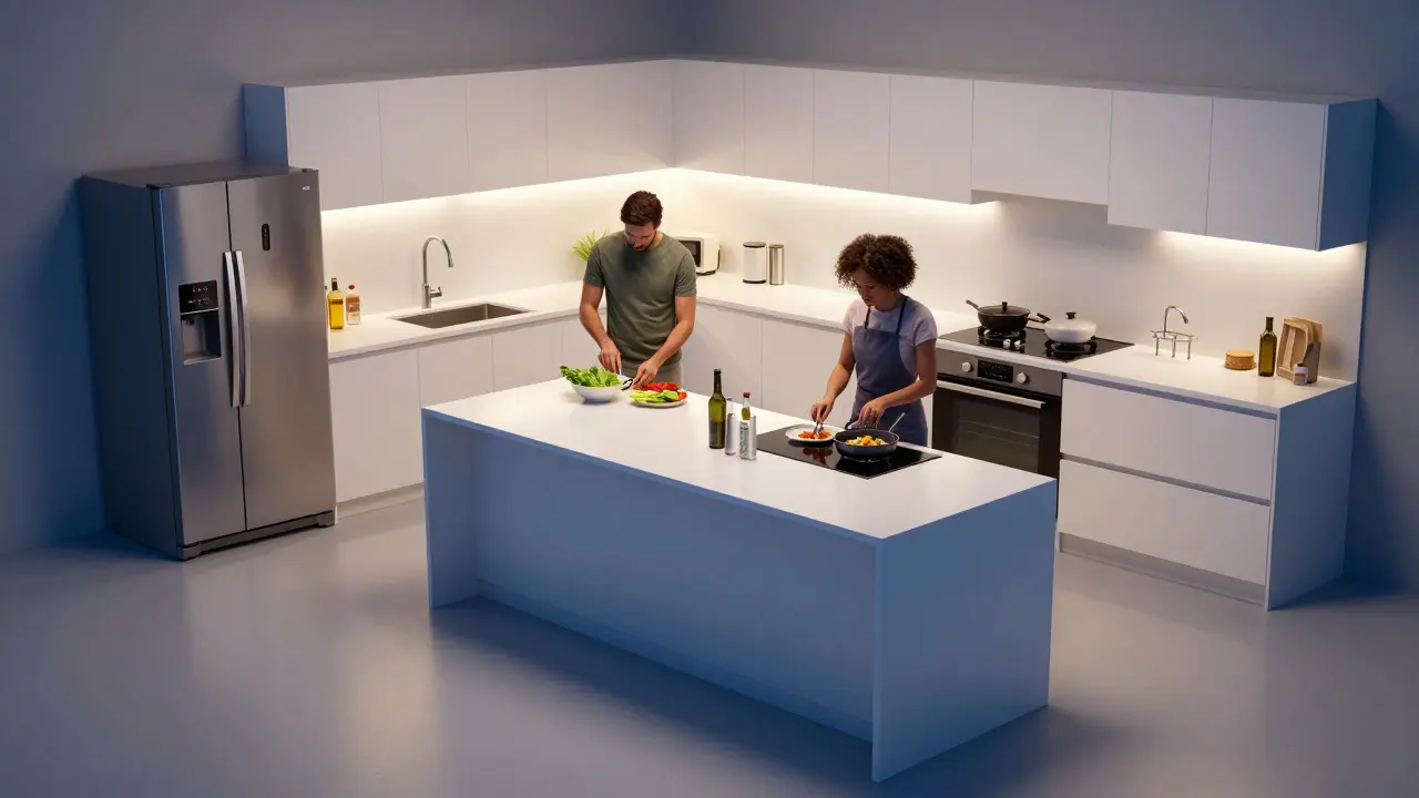 Kitchen island design separating cooking zones for two people working efficiently