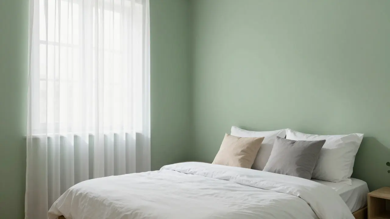 Modern bedroom with sage green walls and neutral bedding