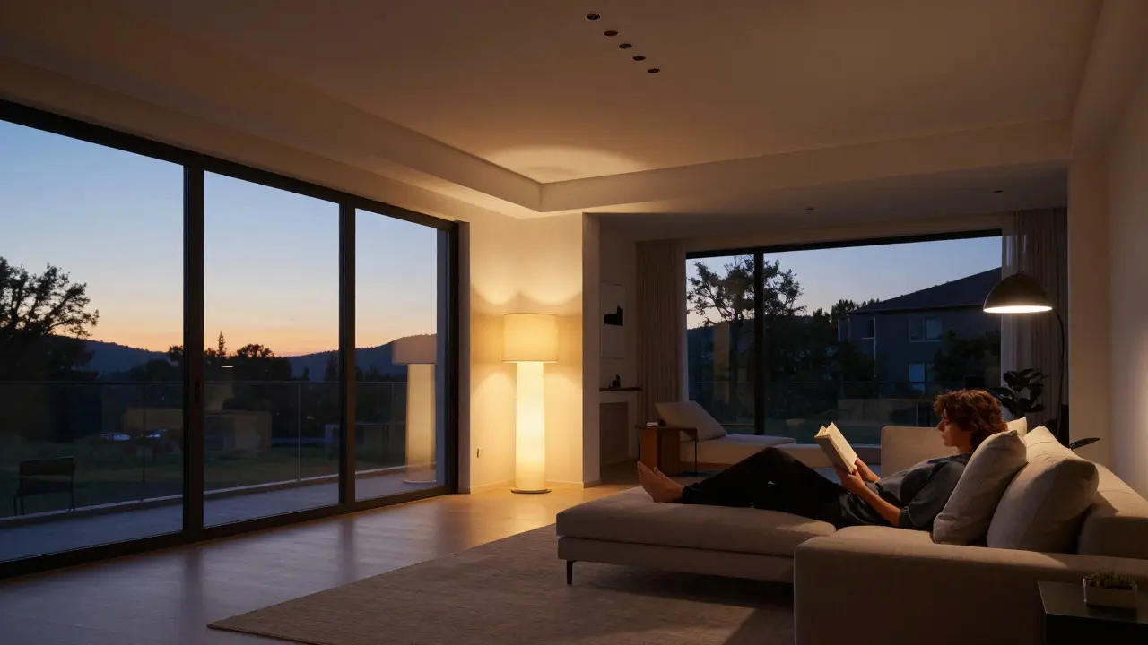 Moderní byt s inteligentním osvětlením podporujícím relaxaci večer