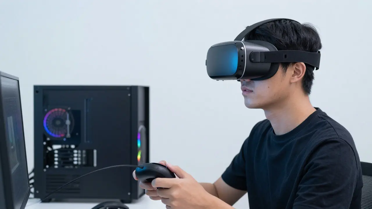 Osoba používající profesionální VR brýle v designovém studiu