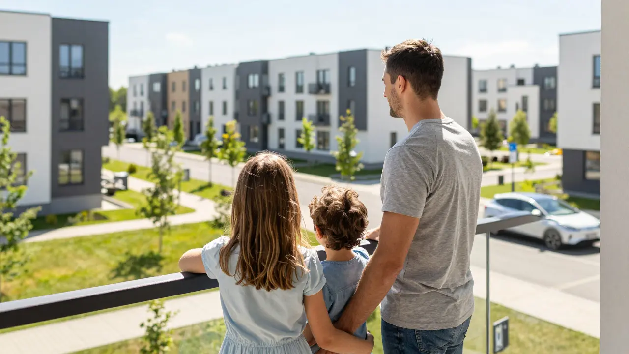 Rodina na balkone moderního bytu v menším městě s výhledem do zeleně