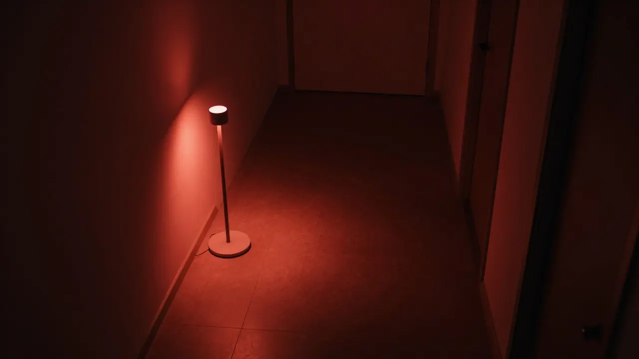 Tmavá chodba osvětlená slabým červeným nočním světlem chytré podlahové lampy