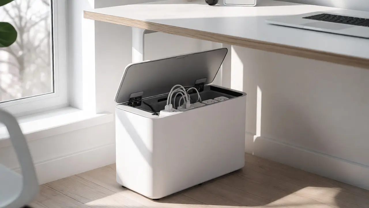 Bílý kabelový box pod deskou stolu s uspořádanými zásuvkami