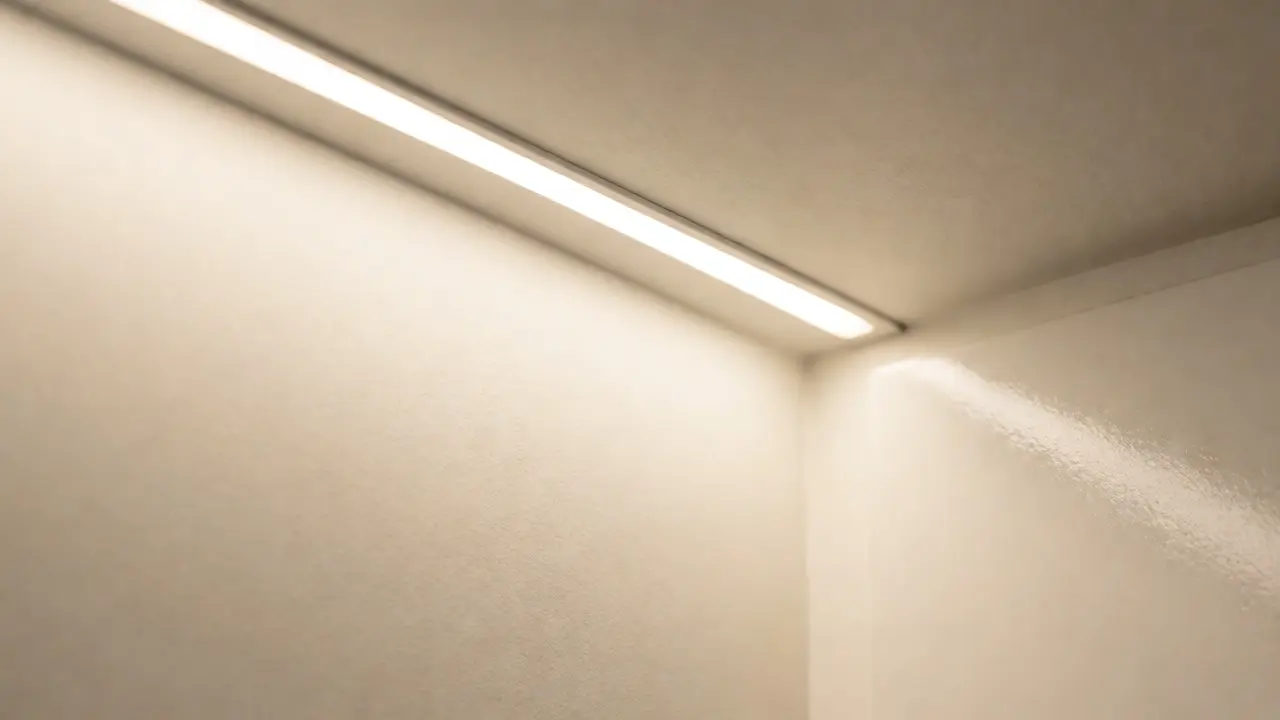 Detail spoje stěny a stropu ve stejné barvě s LED osvětlením