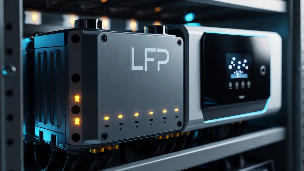 Detailní pohled na moderní LFP bateriové úložiště s indikačními světly ve sklepě.