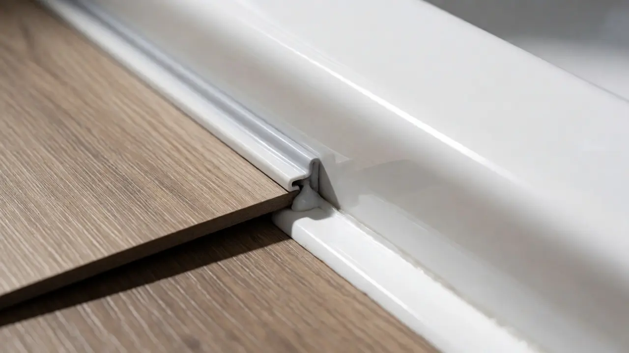 Detailní pohled na těsnící lištu mezi vinylovou podlahou a sprchovým koutem