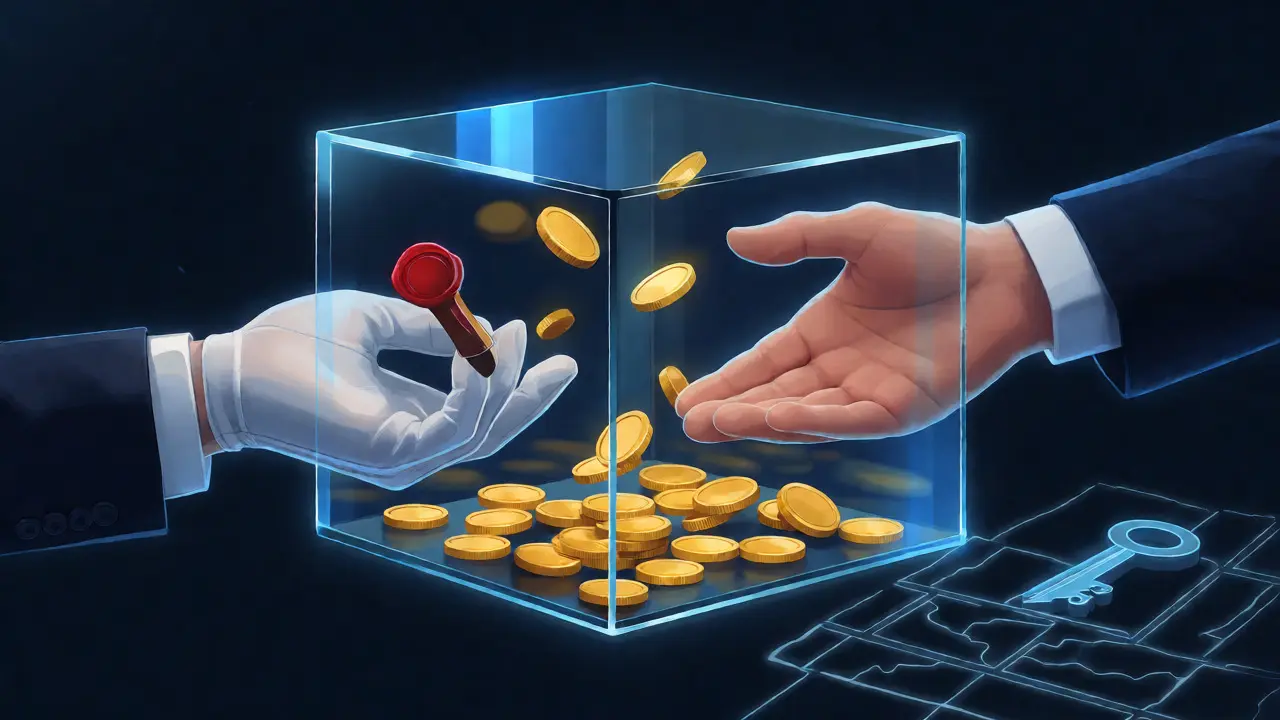 Konceptuální ilustrace peněz v úschově se symbolem pečetě a ruky