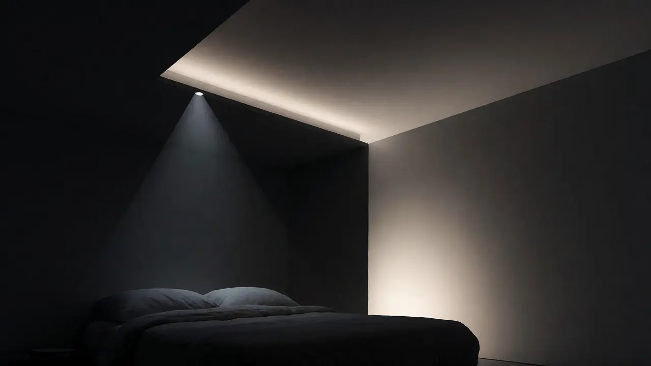 Minimalistická ložnice s kombinovaným přímým a nepřímým stropním světlem
