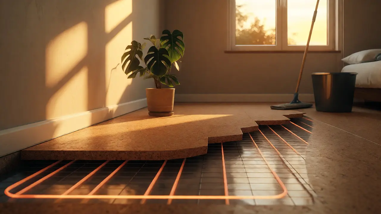 Modern bedroom with cork floor and underfloor heating
