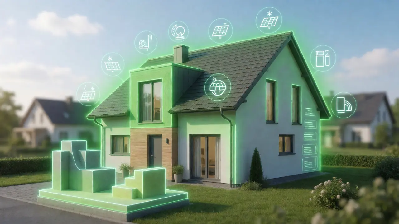 Moderní dům s ikonami obnovitelných zdrojů energie