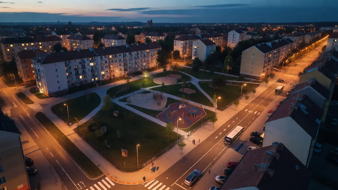 Pohled na město za soumraku s parkem, hřištěm a dostupnou dopravou