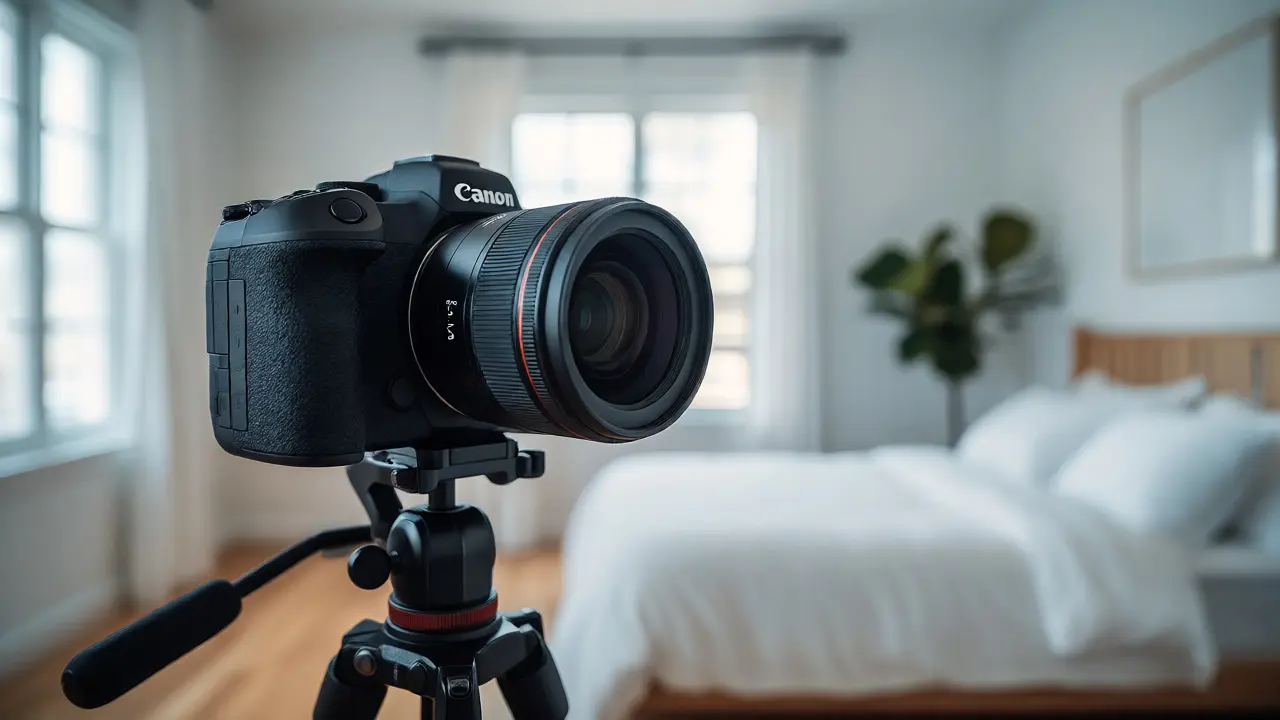 Profesionální fotoaparát na stativu v minimalistickém pokoji
