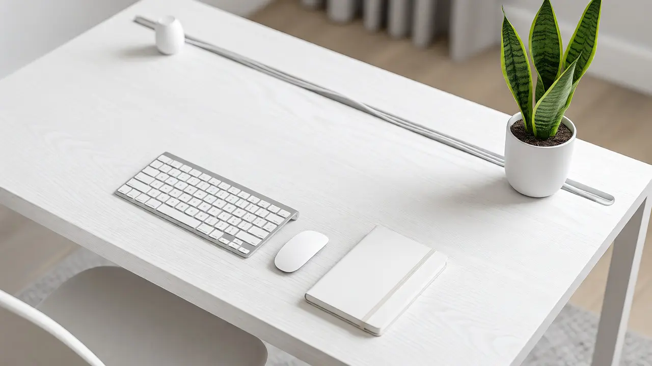 Čistý minimalistický stůl s rostlinou a bezdrátovými perifériemi ve světlém interiéru.
