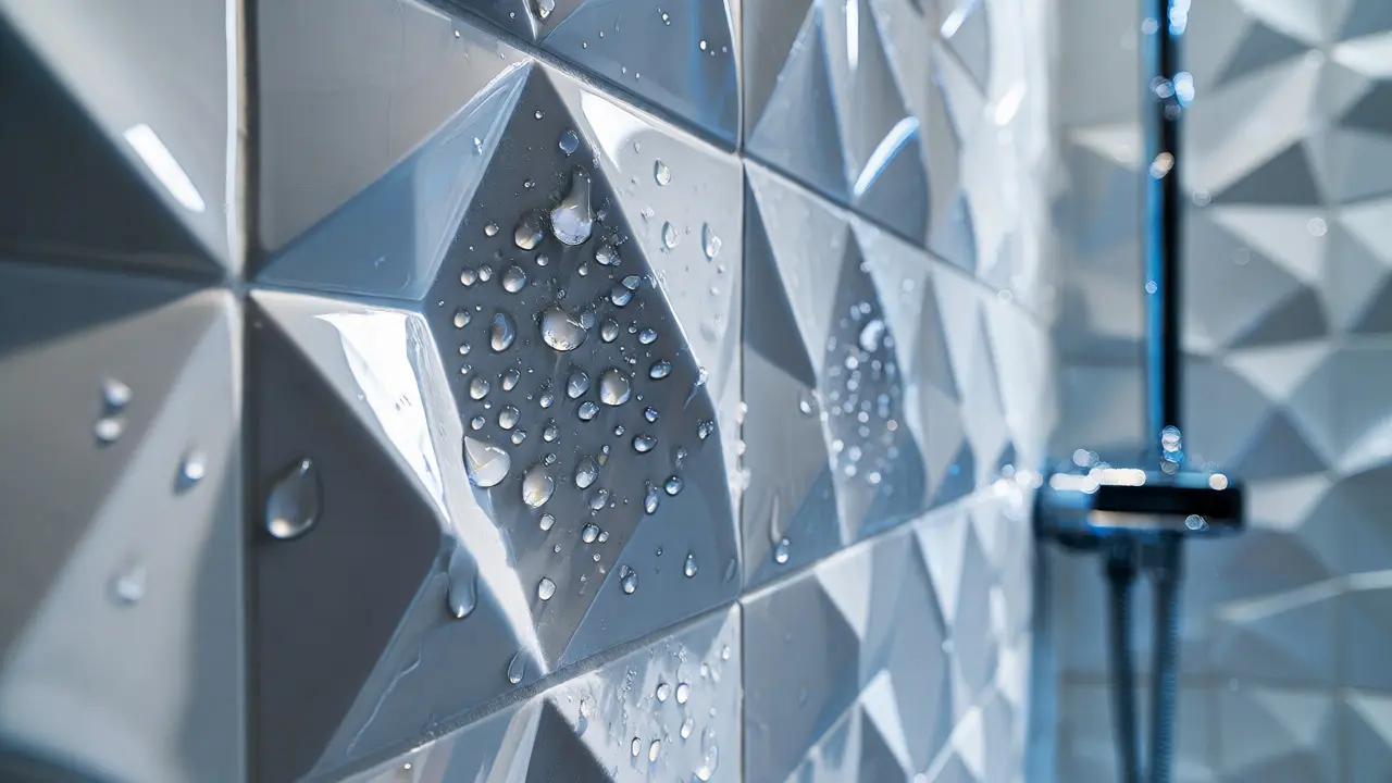 Close-up of geometric 3D ceramic tiles in a wet bathroom environment