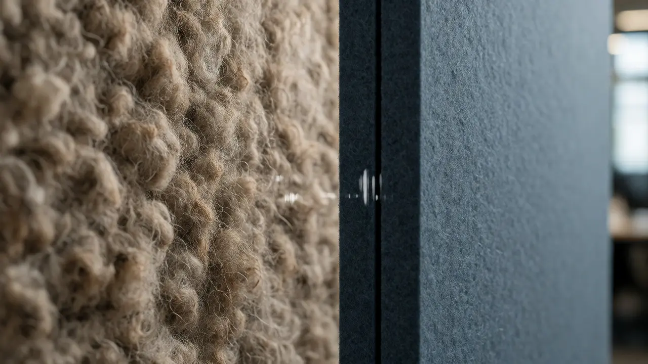Close-up of sheep wool and polyester acoustic panel textures