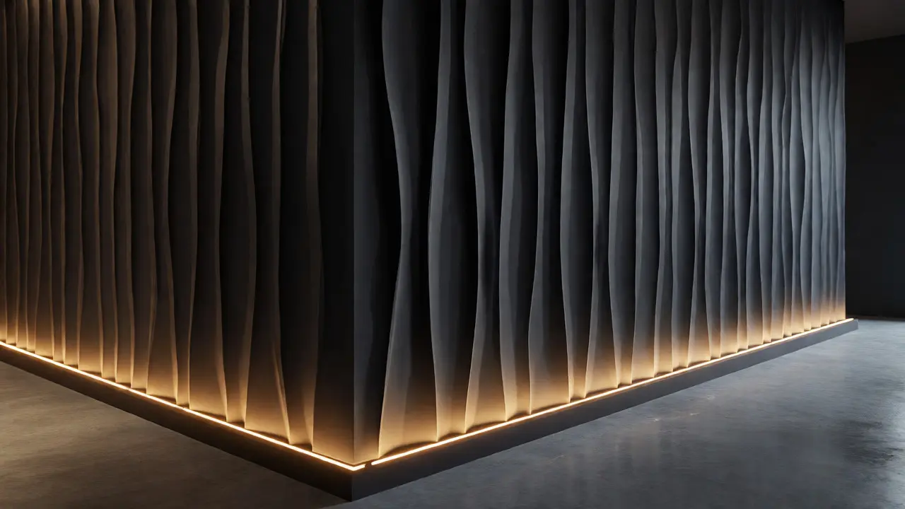 Dark hallway with ribbed 3D polymer panels highlighted by LED lighting