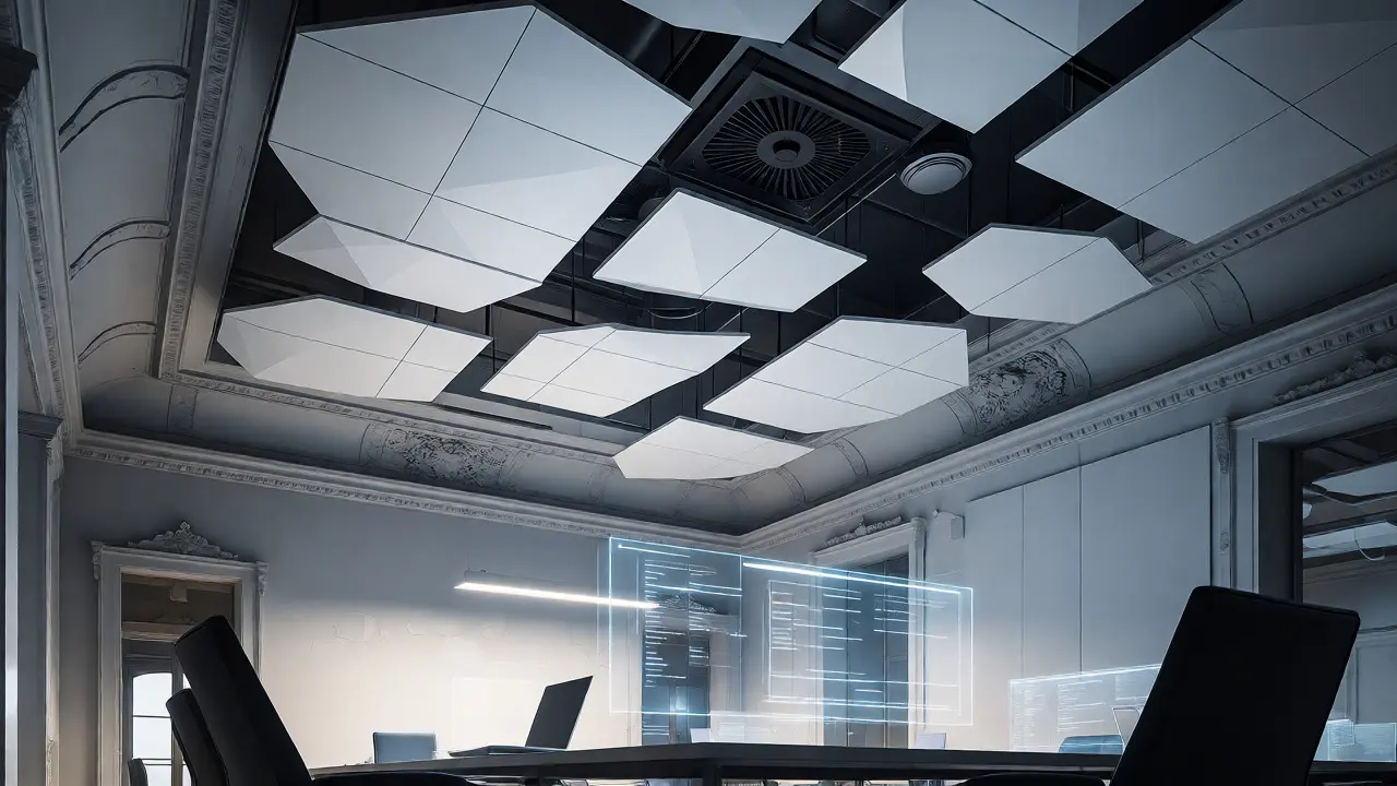 Futuristic office with smart adaptive acoustic ceiling system