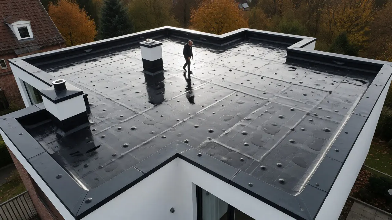 Inspekce ploché střechy dronem s loužemi vody na terase