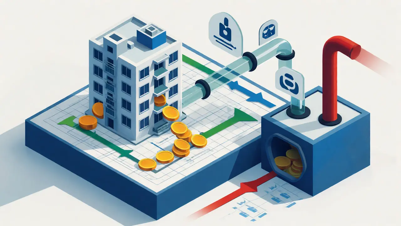 Isometric illustration of money flowing through an apartment model with deductions