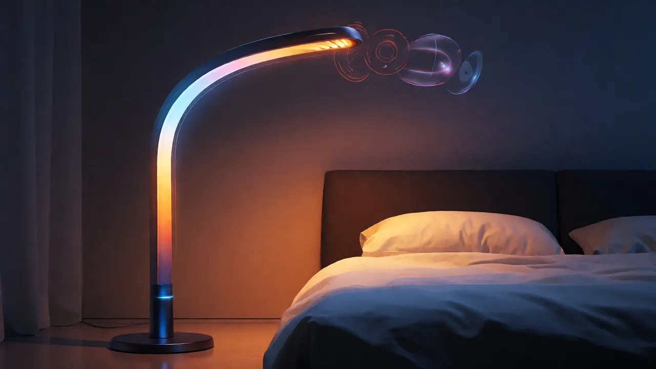 Moderní stojací lampa s měnící se teplotou světla pro přípravu na spánek.