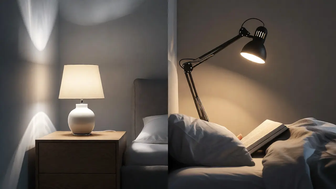 Porovnání rozptýleného světla klasické lampy a cíleného paprsku ramenní lampy.