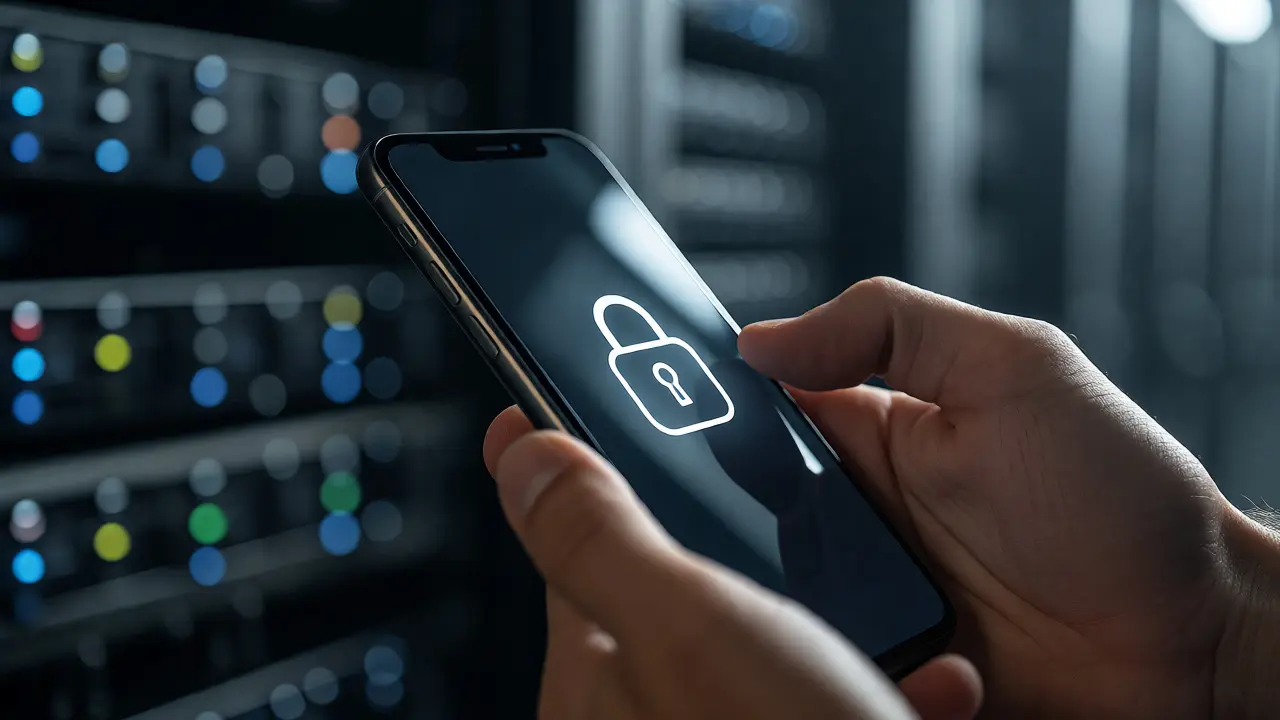 Ruka držící telefon před pozadím datového centra