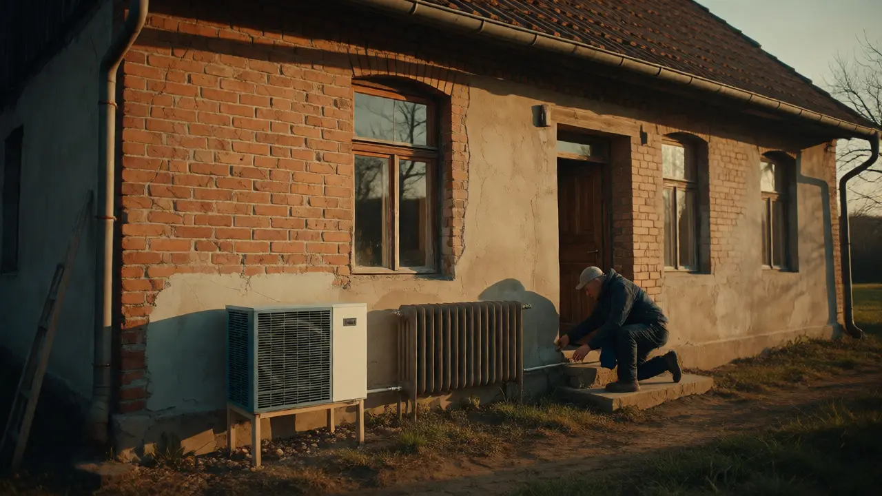 Starší cihlový dům s instalovaným tepelným čerpadlem a radiátory